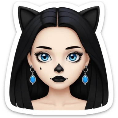 A girl with long black hair and blue eyes, black eyeshadow, black cat eye liner, mascara, and black lipstick,and black skull earrings. Also a black sexy dress   sticker