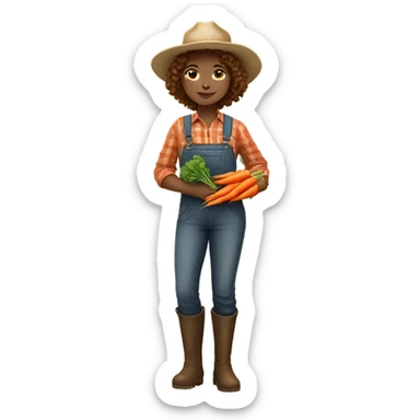 full body farmer girl standing, LIGHT skin, brown curly hair, holding carrots sticker