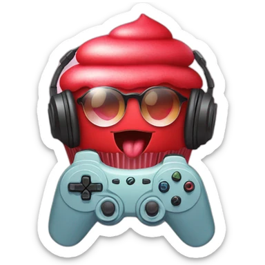 a red cupcake with a gaming headset on the top of it sticker
