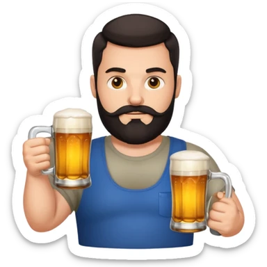 big man in lotus pose, bright skin, dark beard and dark short hair, holding beer mugs sticker