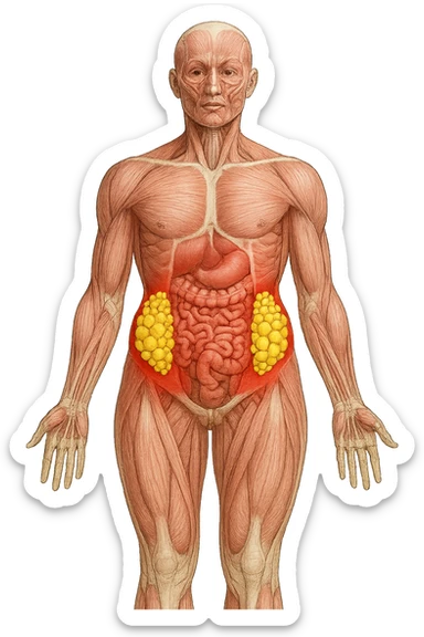 corpo umano anatomico con addome e fianchi segnati in rosso, grappoli di cellule adipose gialle su fianchi e addome sticker