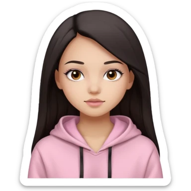 A pretty girl with light skin and long straight black brown hair, wearing a very light pink basic hoodie with brown eyes and makeup and a round face sticker