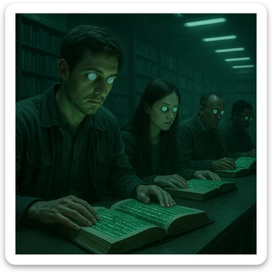 people sitting in a futuristic library with hypnotized eyes and absent gaze, studying books with digital covers and Matrix symbols, surreal atmosphere, green and cold lights, realistic details, 4K quality sticker