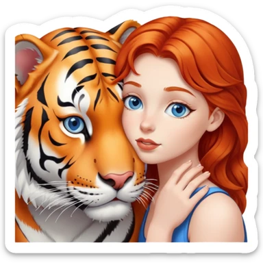 blue-eyed redhead girl kissing tiger sticker