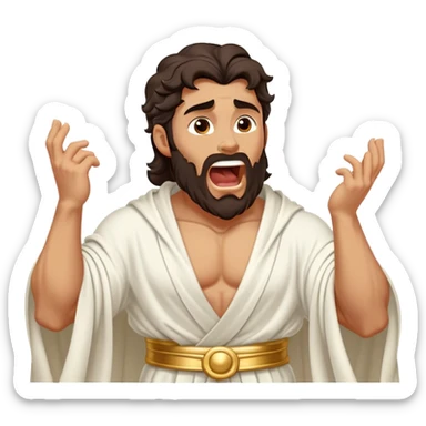 Cinematic Realistic Hercules Portrait, head tilted slightly with a dramatic, wide-open yawn, revealing a moment of relaxed, unguarded strength. His bronze, sculptural skin and thick, wavy dark hair retain their classical beauty even in repose. Draped in a gracefully flowing white robe with subtle golden details, the portrait is bathed in soft natural lighting, capturing a tender glimpse of vulnerability from a timeless Greek hero. sticker