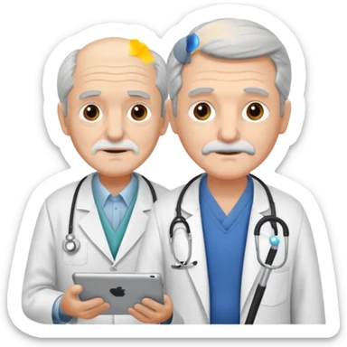 Old man with a cane showing an iPad to a doctor sticker