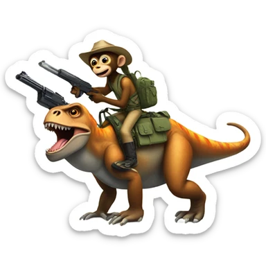 Monkey with gun riding dinosaur sticker