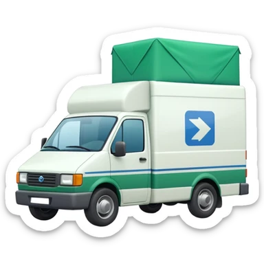 a white delivery van with green and blue color on the delivery van tarpaulin.  sticker