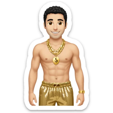 Sacha Boran Cohen with gold sequin baggy pants, shirtless with necklace sticker