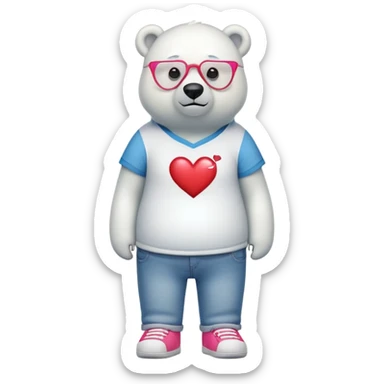 friendly anthropomorphised polar bear standing upright, looking chilled and unbothered, wearing a shirt, jeans, trainers, heart-shaped colorful glasses sticker