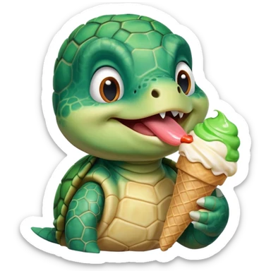 cute turtle portrait, head and shoulders only, licking an ice cream cone, funny happy expression, 3D cartoon, mobile game icon style, clean background, no text, no watermark
 sticker