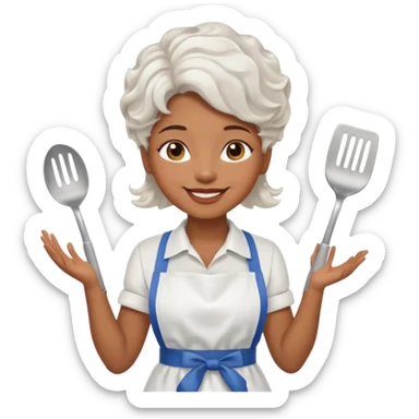 woman, brown skin, white short wavy hair, with apron sticker