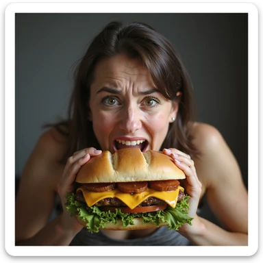 hyperrealistic image of a woman with an anxious and hungry expression biting a giant sandwich, nervous hunger, white background, variation 3 sticker