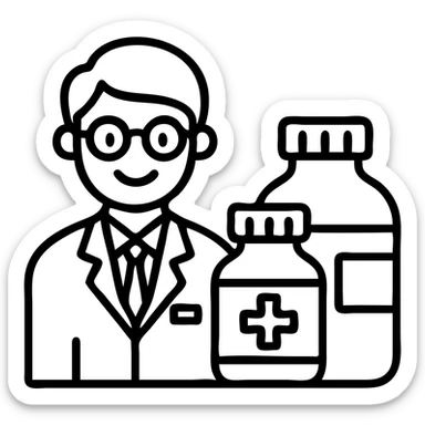 Add glasses to the modern pharmacist with white coat and medicine bottles, no background. sticker