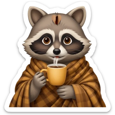 Female raccoon drinking coffee with blanket around her sticker