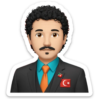 Black curly hair, messy and thrown forward, brown eyes, a goatee, thin mustache, wearing a suit. On the suit, there is a small Turkish flag detail on the chest, and on the other side of the chest, it says 'BST' — with 'B' in orange, 'S' in turquoise, and 'T' in navy blue. sticker