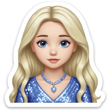 Sabrina Carpenter with long platinum blonde hair, periwinkle sequin dress and necklace sticker