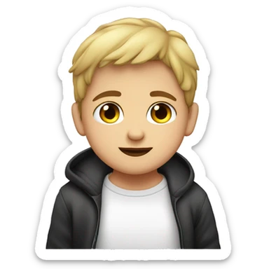 un niño con pelo liso, corto, PIEL COLOR BLANCA, ojos NEGROS, gordito sticker
