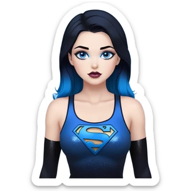 very very large chest-stunning beautiful face-black leggings-glitter lipstick-very long straight-dark-black to blue ombre hair-and-blue eyes-a lot of black eyeliner-thick long eyelashes-sky blue low tanktop with glitter superman character sticker