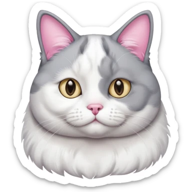 Gray and white tuxedo cat that is fat with white on top of tail and white on nose sticker