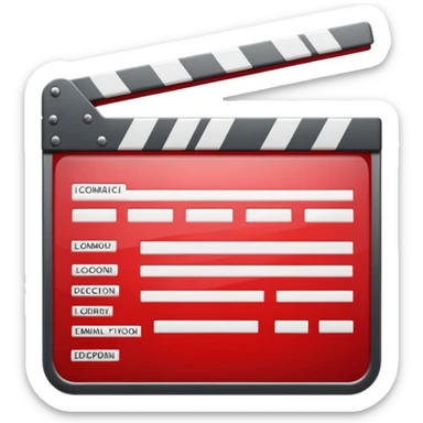 Glossy bright red clapperboard in the classic style of Apple icons: the top bar is tilted up-left, the body and bar with a deep glossy glare, dark gray edging, black background inside, perfectly square with rounded corners. 🔴🎬✨ sticker