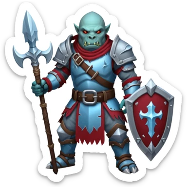 
Fantasy Christmas orc legion soldier icon, iron tundra army theme, heavy winter armor, disciplined brutal look, icy blue steel armor with deep crimson accents, frozen metal texture, cold winter atmosphere, clean readable emoji style
 sticker