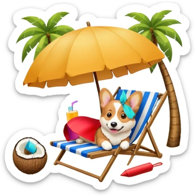 a corgi dog laied on a beach chair, a sunny beach, a sun umbrella, and beach coconut trees. the icon should capture the essence of a relaxing beach vacation with a carefree atmosphere sticker
