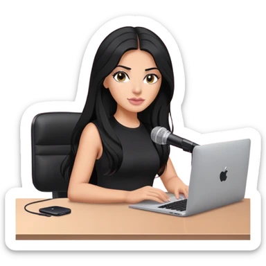 tanned long black hair woman, sat at desk with pink MacBook and  podcast microphone black top and pink, sexy sticker