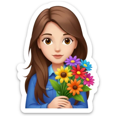 Cool girl with long brown hair holding a bouquet of flowers sticker
