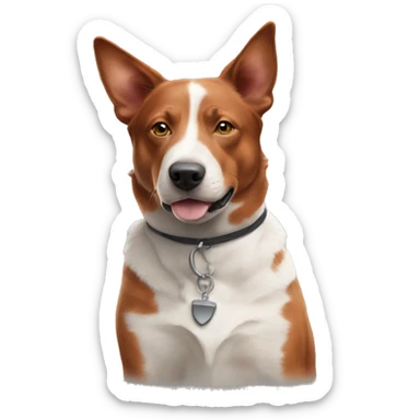 Red Australian cattle dog with white between eyes and down nose, wearing a collar sticker