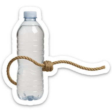 Depict a long rope with a loop, replacing the cheese with a realistic water bottle. The style should be realistic with natural details, no background, and a symbolic atmosphere. sticker