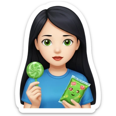 A girl with long black hair wearing a blue t-shirt holding a piece of green hard candy in one hand and a green candy wrapper showing a guava on it in the other hand sticker