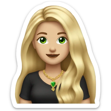 pretty long blonde girl slanted green eyes gold jewlery light skin black shirt sticker