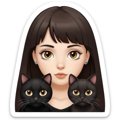  white girl with light brown eyes and very dark brown hair with bangs, a septum piercing and an eyebrow piercing, holding a black cat sticker