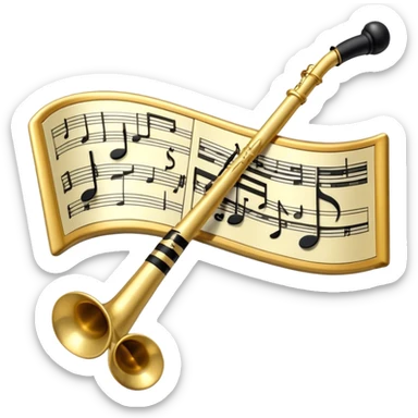 Create a sophisticated and elegant emoji that represents orchestration and arrangement. The design should feature a conductor’s baton, musical notes, and a symphonic score, symbolizing the process of arranging and orchestrating music. Incorporate instruments like a violin, trumpet, and piano keys subtly in the background, representing different sections of the orchestra. Use classical and refined colors such as gold, deep red, and black to evoke the grandeur and precision of orchestration. The background should be transparent. sticker