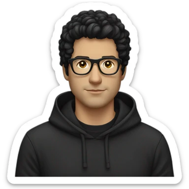 White man with black tinted glasses and black hair in a black hoodie with black hair  sticker