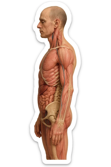 CORPO UMANO ANATOMICO REALISTICO DI PROFILO CON CURVA LOMBARE PIATTA, iperrealistico 4k sticker