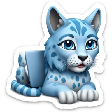 A blue lynx with a laptop sticker