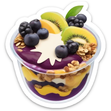 Açaí in a clear cup with layers of fruits and granola and condensed milk sticker