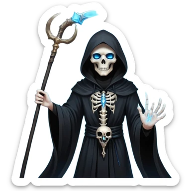 portrait of a god of death in black robes, skeletal hands, glowing blue eyes under a shadowed hood, scythe in hand, floating slightly above the ground, surrounded by spirits sticker