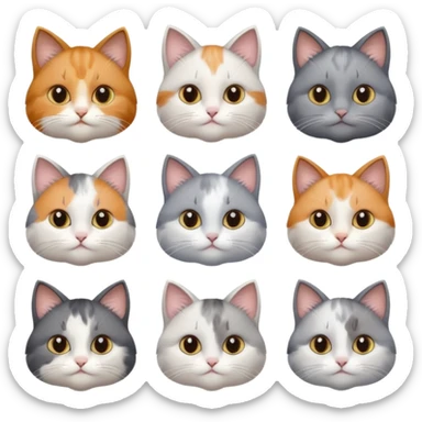 6 realistic looking cats with different natural coloured coats, assorted grey and white, greys, calico, brown and white colours etc
 sticker