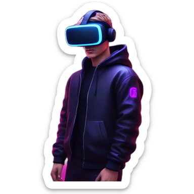 Russian young man wearing a black hoodie with "OMG" letters on it and VR headset in a cyberpunk VR environment with violet neon lighting. sticker
