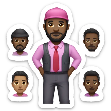 A black man with black beard and hair but no moustache, with a big butt wearing a pink long sleeve shirt with light purple sweat pants a purple vest a red tie and a red hat sticker