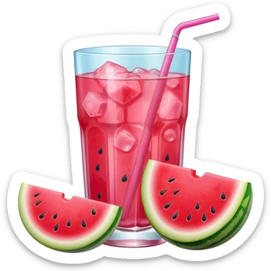 pink soft drink with a watermelon chunk on the rim of glass sticker
