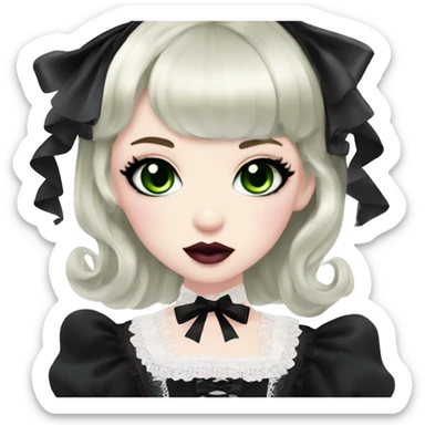 pale woman with black hair, pink lips and eyeshadow, long eyelashes, green eyes, black Lolita dress with laces and ribbons, gothic Lolita doll look sticker
