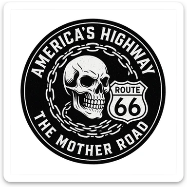 circular design for motorcycle cap, transparent background, text 'AMERICA'S HIGHWAY - ROUTE 66 - THE MOTHER ROAD', motif: skull, chain, Route 66 sign, cool style sticker