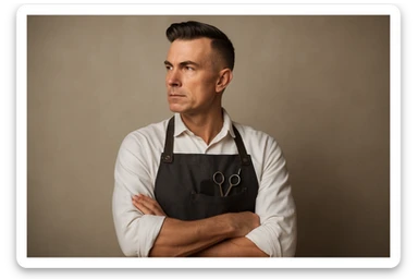 shu pozada turgan faqat o'ng tarafga qarab turgan sartarosh ustani tasvirlab ber realistik uslubda yoshi kattaroq soqol shart emas sticker