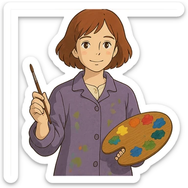 Serene female oil painter, Caucasian features, shoulder-length auburn hair, soft brown eyes, gentle smile, wearing a violet painter’s smock lightly stained with paint over a beige blouse, holding a wooden palette with vibrant colors in one hand and a brush in the other, waist-up, front-facing sticker