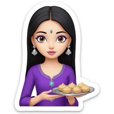 a pretty bratz girl with straight black hair, wearing a purple kurti, silver jhumkas, eyeliner, carrying a plate of momos sticker