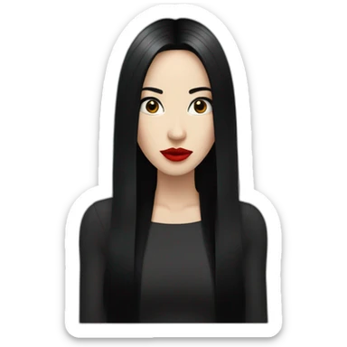 long straight black hair, red lipstick, black eyes, white skin and a small nose sticker